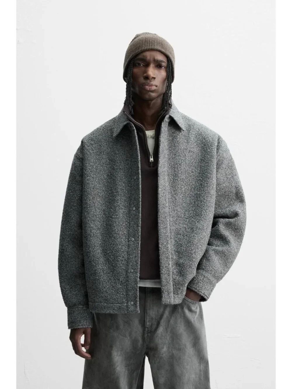 Zara Mens Boucle Jacket L Gray Textured Relaxed Overshirt Shacket 3715/300 NWT